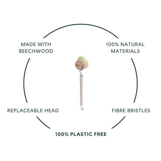 Made with beechwood, 100% natural materials, replaceable head, fibre bristles, 100% plastic free