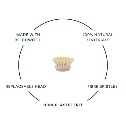 Made with beechwood, 100% natural materials, replaceable head, fibre bristles, 100% plastic free