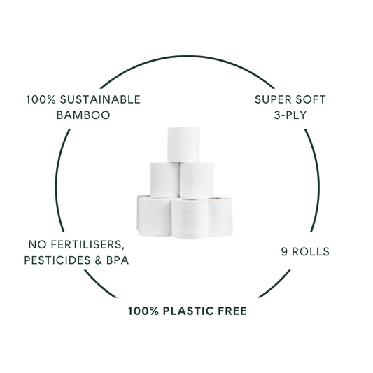 100% SUSTAINABLE BAMBOO, SUPER SOFT 3 PLY, NO FERTILISERS, PESTICIDES OR BPA, 9 ROLLS, 100% PLASTIC FREE