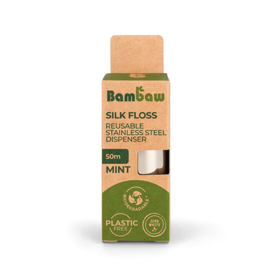 Bambaw silk floss with reusable stainless-steel floss dispenser - Mint