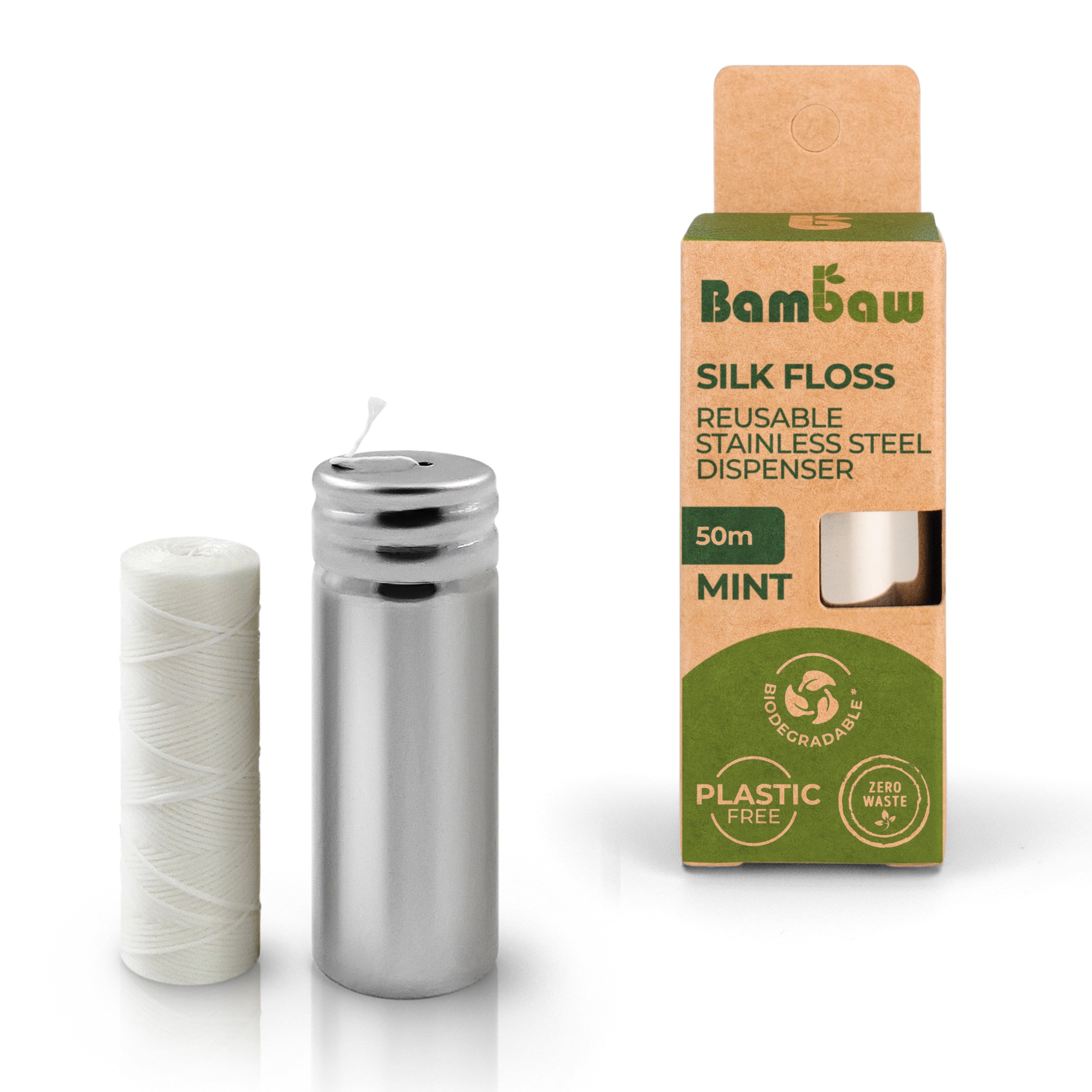 Bambaw silk & reusable stainless-steel floss dispenser - Mint | Bower Collective