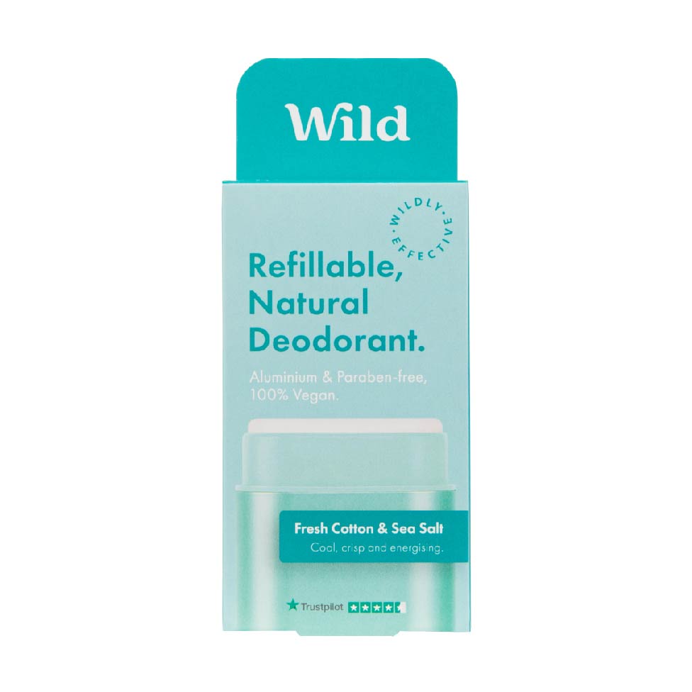 Wild - Déodorant Naturel Rechargeable - Sans Aluminium - Etui Aqua avec Lot  Varié de Recharge (3 x 40g) - Comprend Fresh Cotton & Sea Salt, Jasmine &  Mandarin et Coconut 