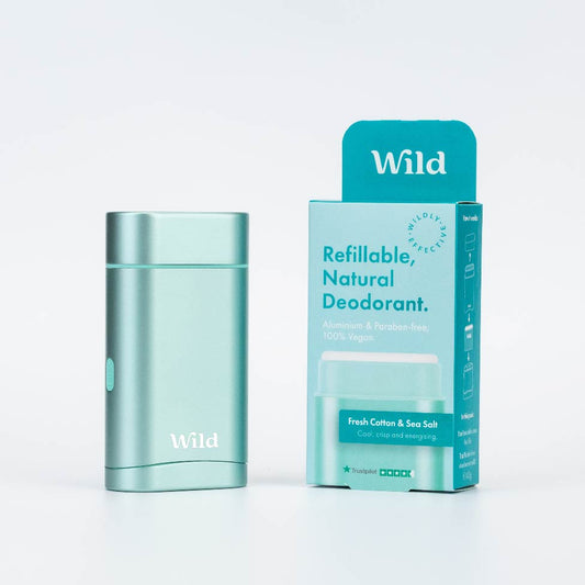 Wild Natural Deodorant - Aqua Starter Case with Fresh Cotton & Sea Salt Refill