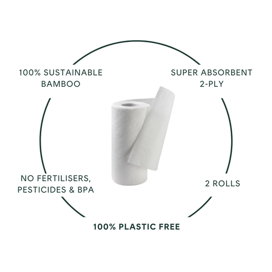 100% sustainable bamboo, super absorbent 2 ply, no fertilisers, pesticides & BPA, 2 rolls, 100% plastic free.