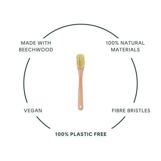Made with beechwood, 100% natural materials, vegan, fibre bristles, 100% plastic free