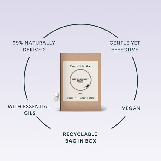 99% naturally derived, gentle yet effective, with essential oils, vegan, recyclable bag in box