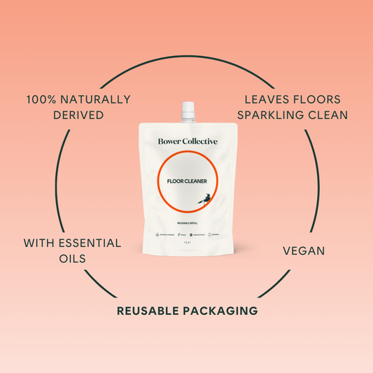100% naturally derived, leaves floors sparkling clean, with essential oils, vegan, reusable packaging.