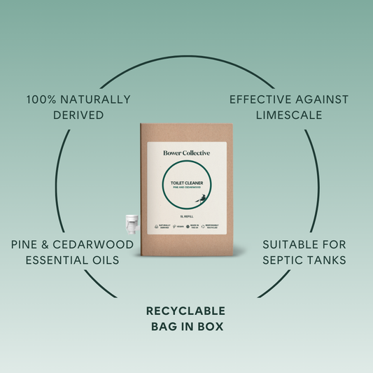 Bower Toilet Cleaner Refill - Pine & Cedarwood 5L Naturally derived with essential oils Vegan Made in the UK Bag in a box Suitable for septic tanks