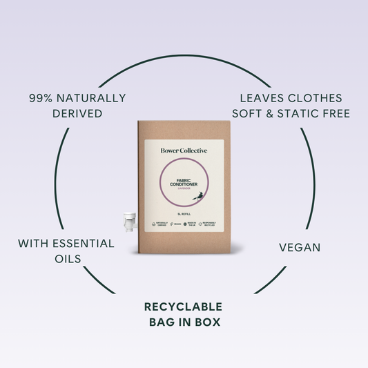 99% naturally derived, leaves clothes soft & static free, with essential oils, vegan, recyclable bag in box