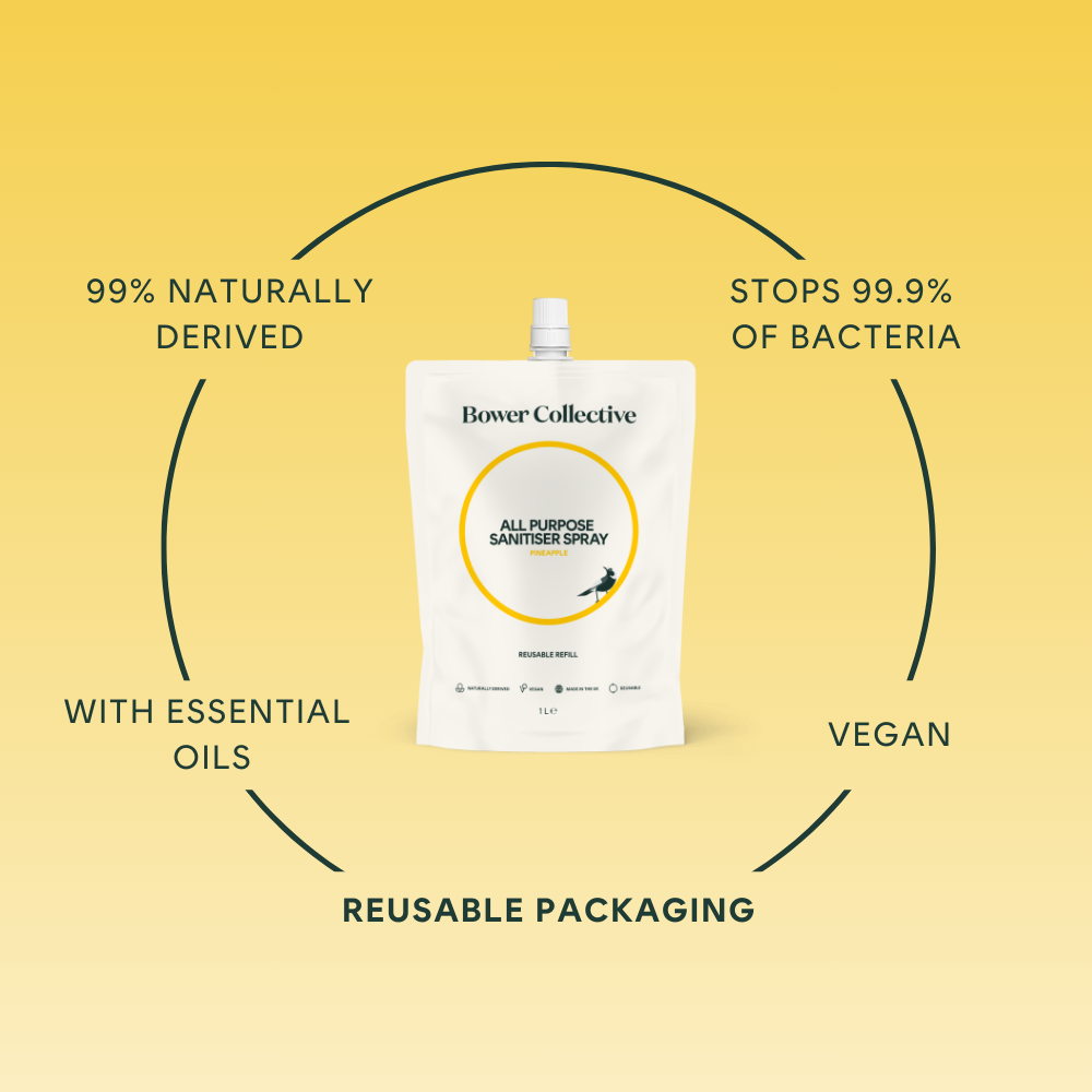 99% naturally derived, stops 99.9% of bacteria, with essential oils, vegan, in reusable packaging.