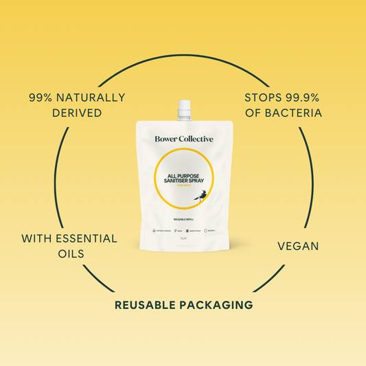 99% naturally derived, stops 99.9% of bacteria, with essential oils, vegan, in reusable packaging.