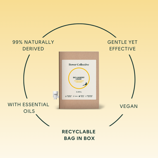 Naturally derived, gentle yet effective, with essential oils, vegan, recyclable bag in box