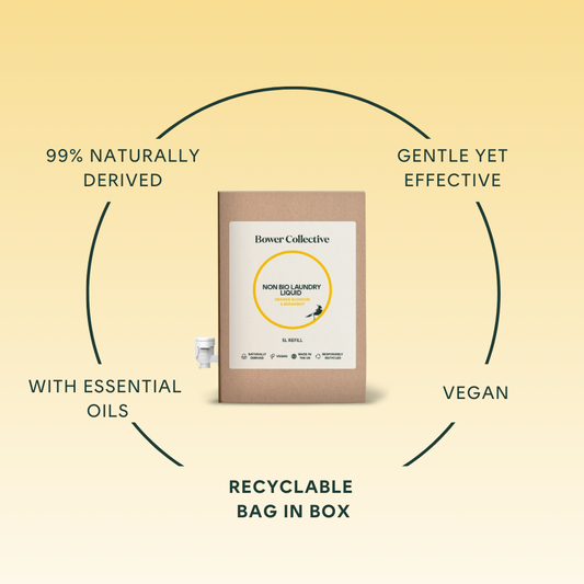 Naturally derived, gentle yet effective, with essential oils, vegan, recyclable bag in box