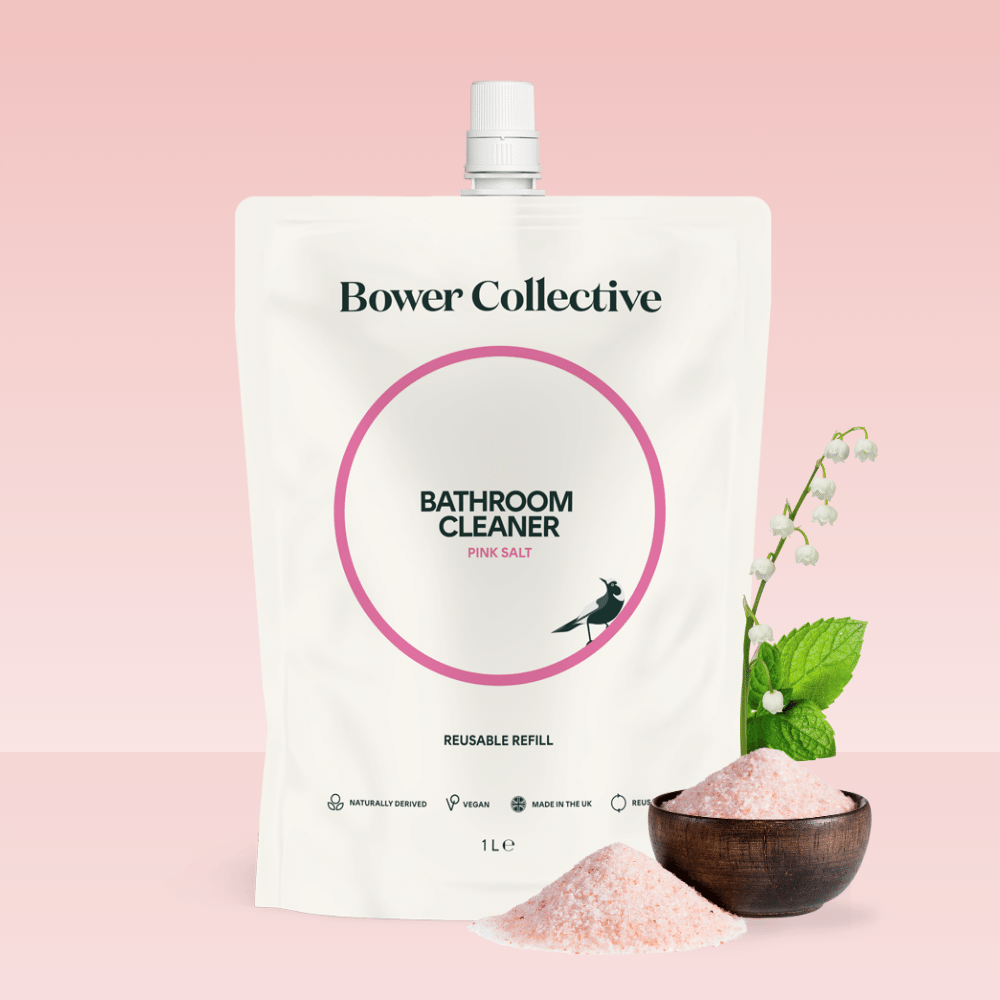 Bower Bathroom Cleaner Pink Salt Refill 1L  Our naturally derived bathroom cleaner is fragranced with essential oils, giving notes of crushed mint, warm lilies and sandalwood. For use on glass, ceramics, perspex, chrome and most non-porous surfaces.