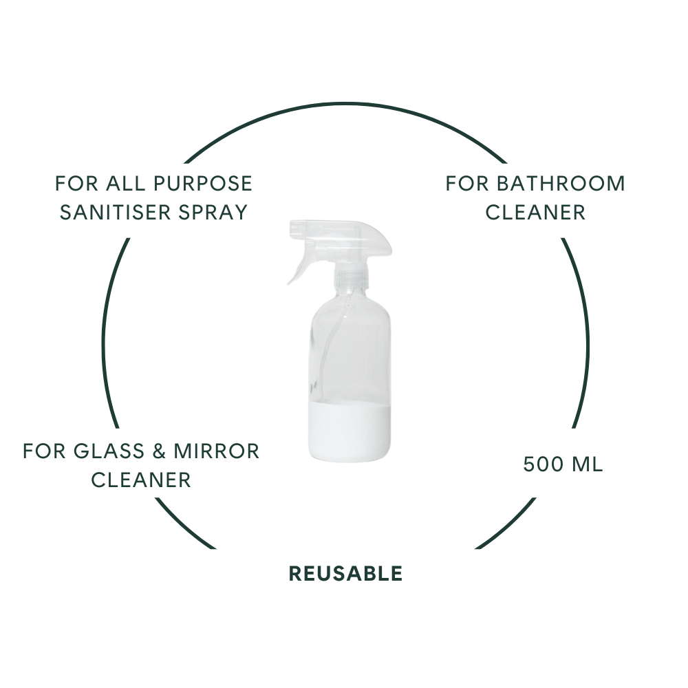 Reusable glass trigger spray dispenser product claims - for all purpose sanitiser spray, bathroom cleaner, glass and mirror cleaner, 500ml, reusable