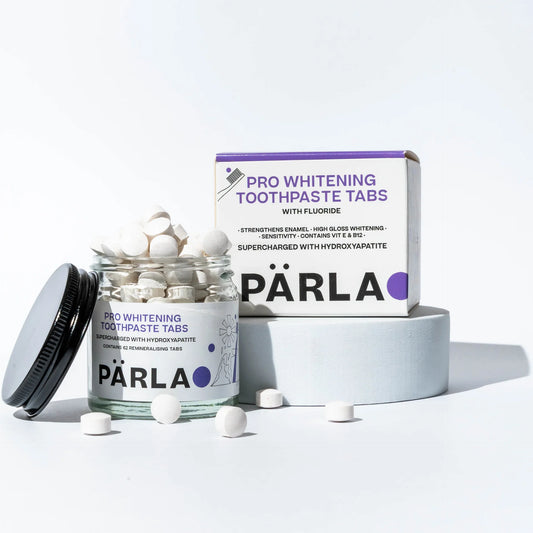 Pärla Pro Whitening Toothpaste Tabs packaging with toothpaste tablets on a white background