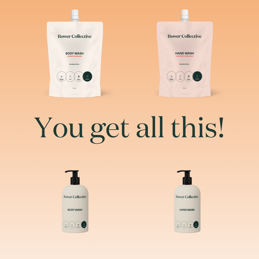 You get all this - Orange and Mandarin Body wash 1L, Grapefruit and Geranium Hand wash 1L and two dispensers