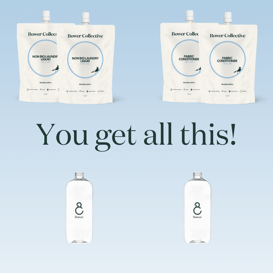 You get all this - 2 x non bio fresh linen laundry liquid, 2 x fresh linen fabric conditioner and two refillable dispensers 