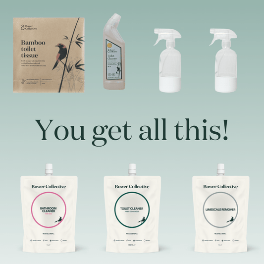 You get all this - Bamboo toilet tissue, Pink salt bathroom cleaner, Pine and Cedarwood toilet cleaner, Limescale removed and dispensers